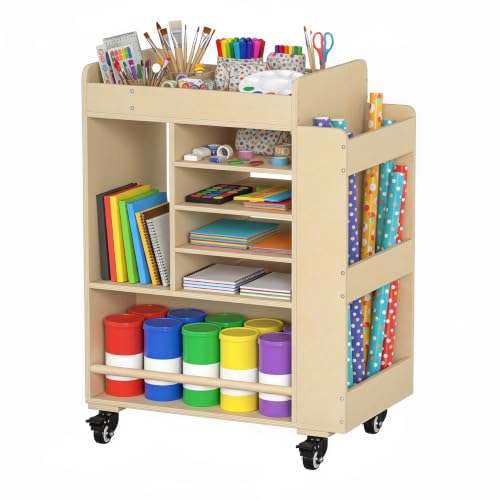 lukar Wooden Art Cart Organizer with Wheels, 3-Tier Rolling Art Activity Cart for Kids, Kids Art and Craft Storage Cabinet, Multi-Functional DIY Utility Carts for Classroom, Nursery, Bedroom