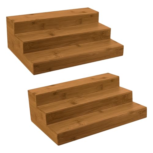 Bamboo Spice Rack Organizer for Cabinet 2 Pack - 3 Tier Countertop Step Shelf, Seasoning Storage Stand for Kitchen Pantry, Spice Holder for Jars Bottles Cans (Brown) - color: Brown - 2 Pack