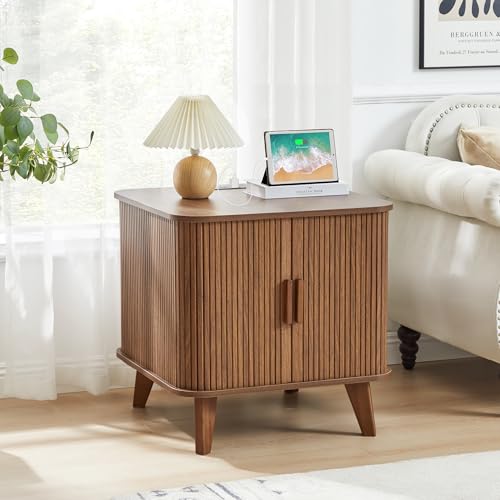 24" End Table with Charging, Night Stand Side Table with Storage | Square Walnut End Table, Wooden Nightstand with Fluted Sliding Door, Mid-Century Modern Side Table for Bedroom Living Room - color: Walnut, size: 24"-Square