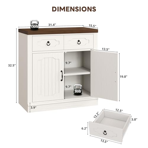 LIKIMIO Buffet Cabinet with 2 Drawers, 32" Sideboard Buffet Storage Cabinet with Doors and Shelves, Farmhouse Coffee Bar Station Kitchen Cabinet for Dining Room, Living Room, Entryway, White
