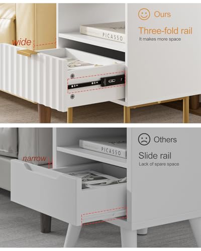 Night Stand,Modern Bedside Table with Drawer and Shelf,White Night Stand with Gold Frame,Small Side Table for Bedroom,Living Room - color: White
