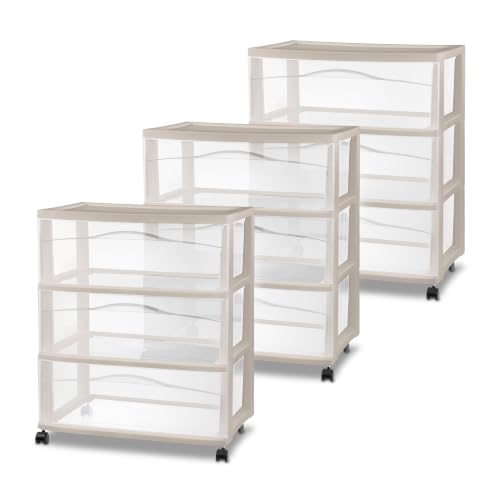 Sterilite 3 Pack Wide 3 Drawer Storage Cart, Rolling Organization, Grey | Clear Plastic Organizer Drawers with Wheels for Craft Supplies, Bath Essentials, or Home Accessories - color: Gray, size: 3-Pack