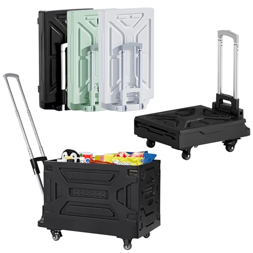 VECELO 23 GAL 2-in-1 Foldable Shopping Cart, Collapsible Utility Cart with Adjustable Handle & 360° Wheels, Dual-Mode Rolling Crate (Basket/Flatbed) for Groceries, Camping, Compact Storage, Black - color: Black, size: 23 GAL