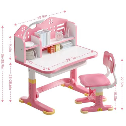 Kids Desk and Chair Set, Height Adjustable Child's School Study Writing Tables, Kids Desk with Bookstand and Storage Drawer, Widened Desktop with Desktop for Boys and Girls - color: Pink-a