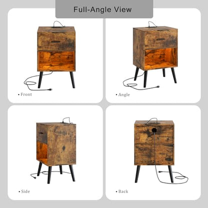 Aienvey Nightstand with Charging Station and LED Lights, Rustic Brown | Small Side Table, Bedside Table with Drawer, Modern Night Stand with Light/Power Strip, End Table for Bedroom, Living Room - color: Rustic Brown