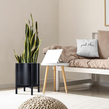 D'vine Dev Plastic Pot with Ebony Wood Stand, Black, 14 in, 55-C-T-2 | Mid-Century Inspired Design, Elevated Plant Display, Clean Lines, Sturdy Support, Modern Space-Saving Style - color: Matte Black Pot + Ebony Stand, size: 14 Inch