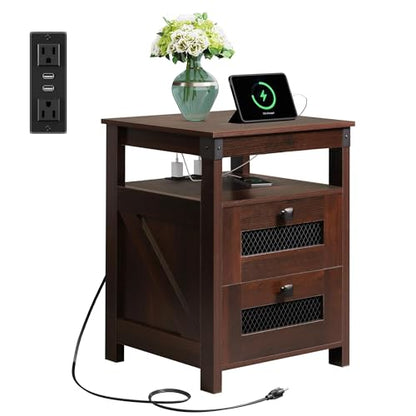 WLIVE Nightstand with Charging Station, Farmhouse End Table, Bed Side Table with 2 Storage Drawers and Open Shelf, Wood Rustic Nightstands for Bedroom, Espresso | Charging Station(2AC+2USB), Farmhouse Design (Cut-out Grills)，Storage(2 Drawers +1 Shelf), E