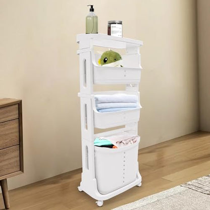 Laundry Basket, Laundry Basket Organizer Sorter Clothes Storage Organizer Shelf Rolling Cart with 4 Wheels, Laundry Hamper Basket Sorter Washing Hamper for Kitchens Bathrooms Bedrooms (4 Tier, White) - style: 4 Tier, White