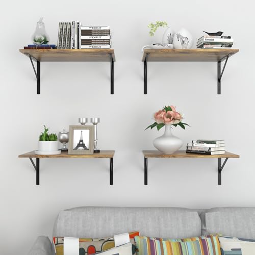 Deep Floating Wall Shelves - 4 Sets of 12 Inch Wide Rustic Brown Wood Shelves for Bathroom, Bedroom, Kitchen, Living Room - color: Rustic Brown Shelves