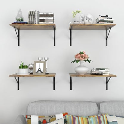 Deep Floating Wall Shelves - 4 Sets of 12 Inch Wide Rustic Brown Wood Shelves for Bathroom, Bedroom, Kitchen, Living Room - color: Rustic Brown Shelves