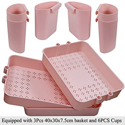 3 Tier Utility Rolling Cart Storage Organizer Shelf Rack with 6PCS Hanging Cups for Home Office Kitchen Bathroom Storage (Pink)