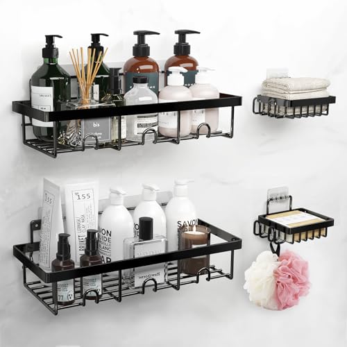 Adhesive Shower Caddy 4-Pack, Rustproof Stainless Steel Shower Organizer, Shower Shelves for Inside Shower Storage, Heavy-Duty No-Drill Rack with Built-in Hooks for Bathroom & RV - color: Black