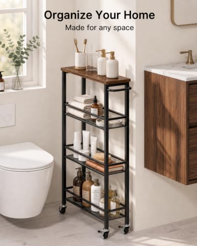 Pipishell Slim Storage Cart with Wheels - 4 Tier Rolling Kitchen Storage Cart with Handle and Wood Top, Metal Slim Bathroom Cart for Laundry Room, Bathroom, Kitchen, Narrow Space, Black & Rustic Brown - size: 5.3 in