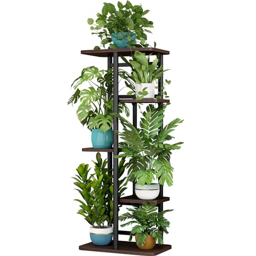 LINZINAR Plant Stand Indoor 5 Tier Metal Corner Tall Flower Shelf | Plant Rack for Multiple Plants, Tiered Flower Plant Holder for Patio, Garden, Balcony, Living Room, Bedroom Black Oak - color: Black Oak, size: 5 Tier-6 Potted