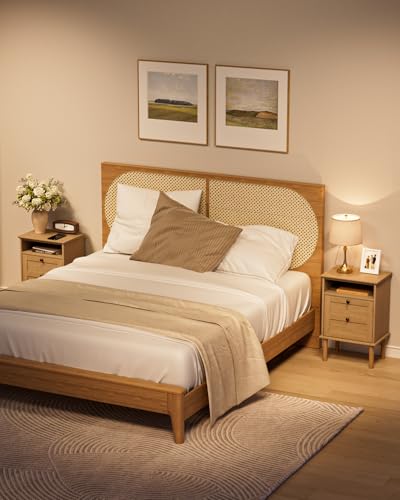 Small Night Stand Farmhouse Nightstand Boho Bedside Table Modern Nightstand with 1 Drawer and 1 Open Storage Space, End Table, Storage Canbinet for Bedroom, Natural