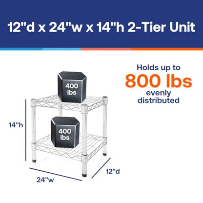 Shelving Inc. 12" d x 24" w Chrome Wire Shelving with 2 Tier Shelves, Weight Capacity 800lbs Per Shelf - size: 12"d x 24"w x 14"h