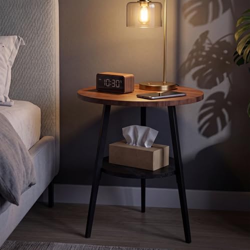 Small Round Side Table, End Tables Living Room, Walnut | 2-Tier Side Table with Storage Shelf for Small Spaces, Bedside Accent Table for Living Room, Bedroom, Metal Frame & Wood Top - color: Walnut