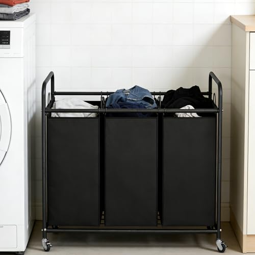 LINZINAR 3 Section Laundry Hamper, Black Laundry Basket 135L Laundry Sorter | Laundry Room Organization with Heavy Duty Rolling Lockable Wheels and Removable Bag, Bedroom Laundry Cart for Clothes Storage - size: 3 Bags Black