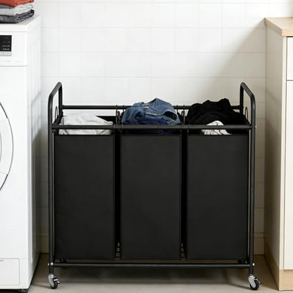 LINZINAR 3 Section Laundry Hamper, Black Laundry Basket 135L Laundry Sorter | Laundry Room Organization with Heavy Duty Rolling Lockable Wheels and Removable Bag, Bedroom Laundry Cart for Clothes Storage - size: 3 Bags Black