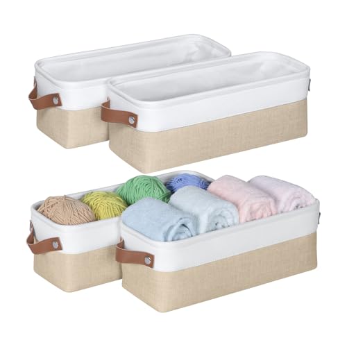 Small Fabric Storage Bins, 15x6x5 inch Narrow Storage Baskets 4-Pack Long Storage Basket for Organizing with Handles, Decorative Basket for Closets, Shelves, Toilet Paper, Beige - color: Beige, size: 15" x 6" x 5"