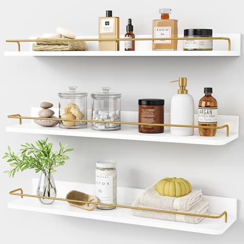 Forbena 24 Inch Bathroom Floating Shelves for Wall Set of 3, Gold Bathroom Shelves Over Toilet Wall Mounted with Rail, Decorative Hanging Shelf for Bedroom Office Living Room Decor (White and Gold) - color: White and Gold, size: 24 Inch