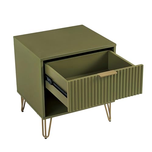 BROVAVE Sturdy Metal Legs Bedside Stand, Nightstand with Textured Drawer, Accent Table for Bedroom for Indoor use, Olive Green - color: Olive Green