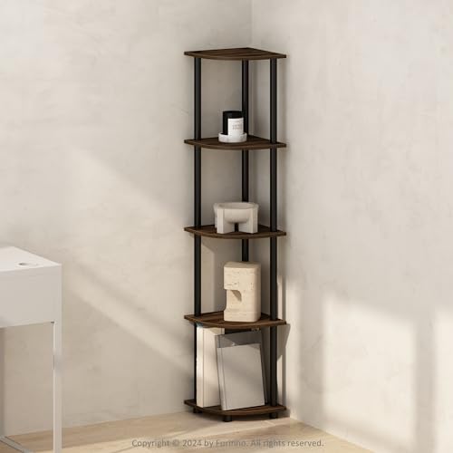 Furinno Turn-N-Tube Storage Shelves, 5-Tier Book Shelf, Corner Shelf, Toolless Open Shelves, for Organization and Storage, Living Room, Home Office, Hallway, Bedroom, Columbia Walnut - color: Columbia Walnut/Black, size: 5-Tier Corner (11.6 x 11.6 x 57.7