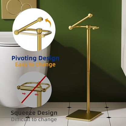 RUACQ Bathroom Toilet Paper Holder Stand, Brushed Gold | Dual-Post Pivoting Free Standing Toilet Roll Holder with Weighted Base, Anti-drop Design 304 Stainless Steel Tissue Stand - color: Brushed Gold, size: Free Standing