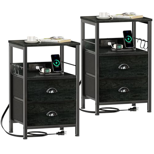 Furologee Nightstand Set of 2, Black Oak, with Charging Station and USB Ports, Side Tables with 2 Fabric Drawers, Bedside Tables with Storage Shelf & Hooks, for Living Room/Bedroom - color: Black Oak, size: 2 pc