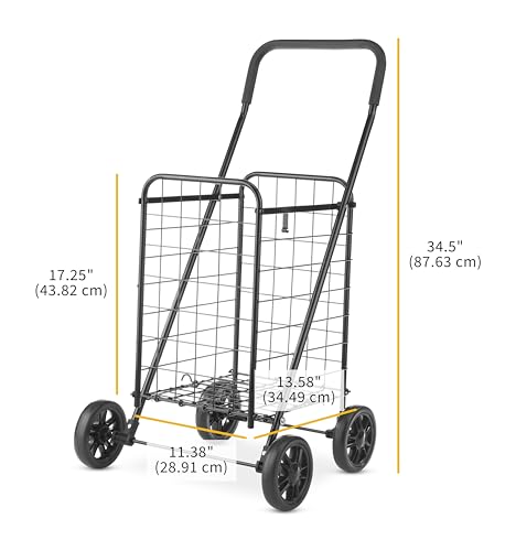 Whitmor Foldable Utility Shopping Cart with Wheels, Heavy Duty Metal Grocery Cart, Portable Foam Handle, Rolling Collapsible Trolley for Groceries, Laundry, Storage, Black - size: 19.5"L x 18.5"W x 34.5"H, Black