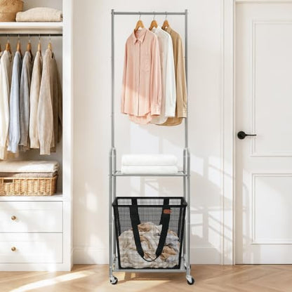 STO STO 3-in-1 Laundry Cart with Hanging Rack, Slim Space-Saving Rolling Laundry Sorter Hamper with Hanging Bar, Removable Pop-Up Mesh Laundry Basket, Storage Shelf, Lockable Wheels for Small Spaces