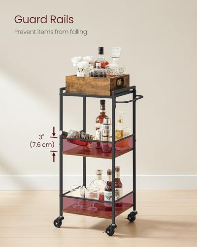 VASAGLE Kitchen Serving Cart with Removable Tray, 3-Tier Kitchen Utility Cart on Wheels with Storage, with Brakes, Leveling Feet, 11.8 x 13.7 x 33.9 Inches, Rustic Brown and Black ULRC062B01 - color: Rustic Brown + Black, size: 11.8"D x 13.7"W x 33.9"H
