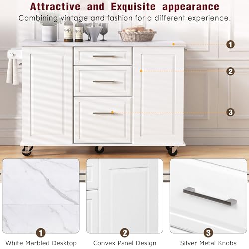 Kitchen Island with Trash Can Storage Cabinet and Faux Marble Top | White, 50.7" Rolling Kitchen Cart on Wheels with Drop Leaf, Spice Rack, Towel Rack and Adjustable Shelf for Dining Room - color: White