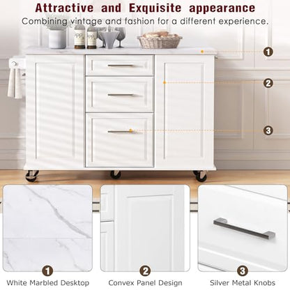 Kitchen Island with Trash Can Storage Cabinet and Faux Marble Top | White, 50.7" Rolling Kitchen Cart on Wheels with Drop Leaf, Spice Rack, Towel Rack and Adjustable Shelf for Dining Room - color: White
