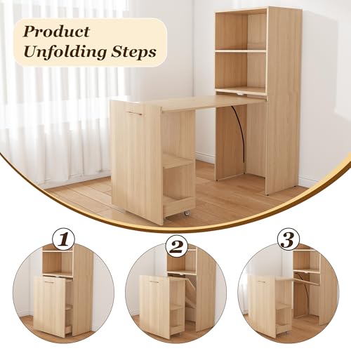 Folding Out Desk with Storage Shelves, Expandable Hidden Computer Desk, Foldable Space-Saving Pull Out Murphy Table, Writing Table with Wheels for Home Office Bedroom Small Spaces (Natural Wood.) - color: Natural Wood.