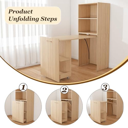 Folding Out Desk with Storage Shelves, Expandable Hidden Computer Desk, Foldable Space-Saving Pull Out Murphy Table, Writing Table with Wheels for Home Office Bedroom Small Spaces (Natural Wood.) - color: Natural Wood.