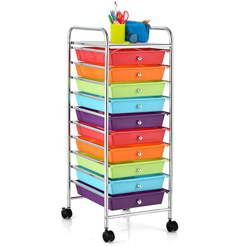 DREAMADE Rolling Cart With Storage Drawers, Utility Cart With Removable Plastic Drawers, Lockable Wheels for Classroom Organization, Art Supplies, Office, Scrapbook (10 Drawers, Multi-color) - color: Multi-color, style: 10 Drawers