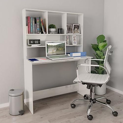 High Gloss White Engineered Wood Compact Desk Rectangular with 5 Storage Spaces and 4 Built-in Shelves for Home Office Workspace Organization