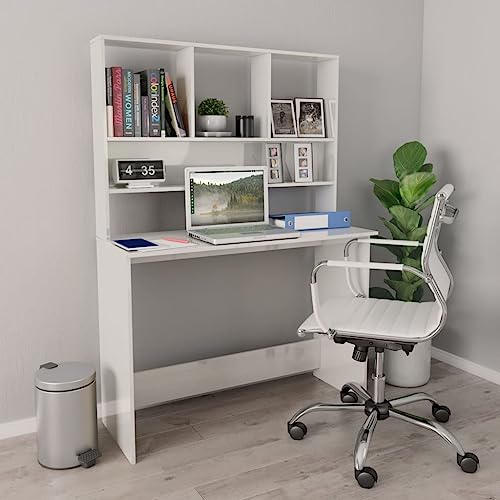 High Gloss White Engineered Wood Compact Desk Rectangular with 5 Storage Spaces and 4 Built-in Shelves for Home Office Workspace Organization