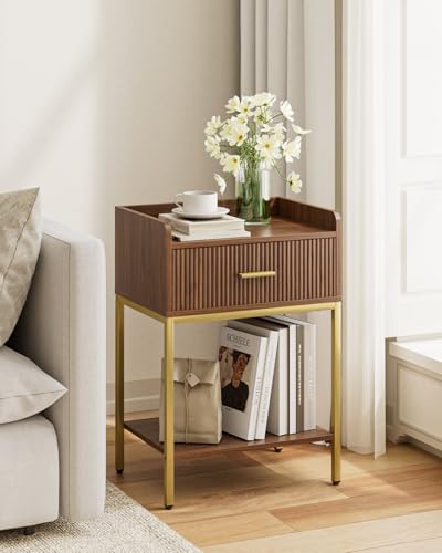 Nightstand, 3-Tier Bed Side Table, Small End Table, Night Stand with Open Shelf and Drawer, Bedside Table for Bedroom, Living Room, Walnut - color: Walnut, style: Without Charging Station