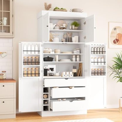 Polibi 77" Tall Freestanding Kitchen Pantry Cabinet, 35" L x 17.7" W Modern Shaker Style Storage Cupboard with Adjustable Shelves, Wine Racks, Drawers, Door Shelves, White - color: White