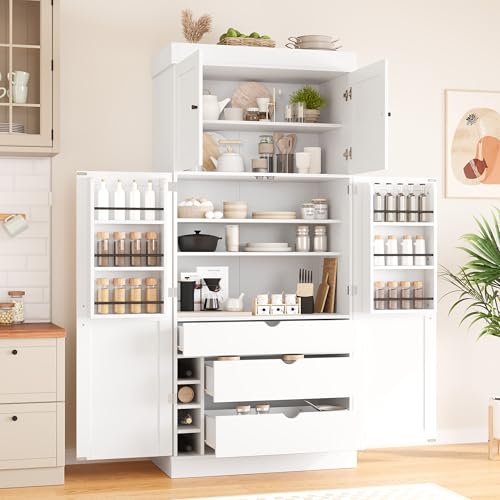 Polibi 77" Tall Freestanding Kitchen Pantry Cabinet, 35" L x 17.7" W Modern Shaker Style Storage Cupboard with Adjustable Shelves, Wine Racks, Drawers, Door Shelves, White - color: White