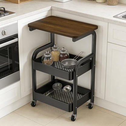 Multi-Purpose 3 Tier Rolling Cart with Walnut Table Top, Metal Utility Storage Cart with Lockable Wheels for Kitchen, Bathroom, Coffee Bar and Daily Organizing