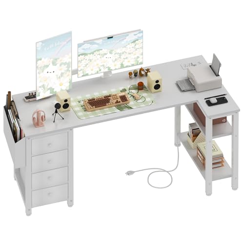 Lufeiya White L Shaped Desk with Drawers & Storage Shelves, 55 Inch Corner Computer Desk with Power Outlet for Home Office Bedroom, L-Shaped Teen PC Desks with Fabric Drawer, White - color: White, size: 55.1"