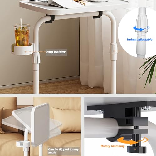 TUTOTAK C Shaped End Table with Tiltable Surface, Adjustable Height Side Table, Slide Under Couch Table TV Tray for Eating, Sofa Tray for Livingroom, Bedroom White TB01BW091 - color: White