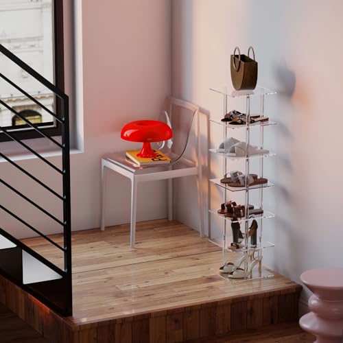 Aquiver Acrylic Vertical Shoe Rack - Free Standing Shoe Rack 7 Tier Shoe Storage Organizer Narrow Shoe Rack for Small Spaces, Entryways, Living Rooms, Bedrooms, 11'' L x 11'' W x 41.7'' H