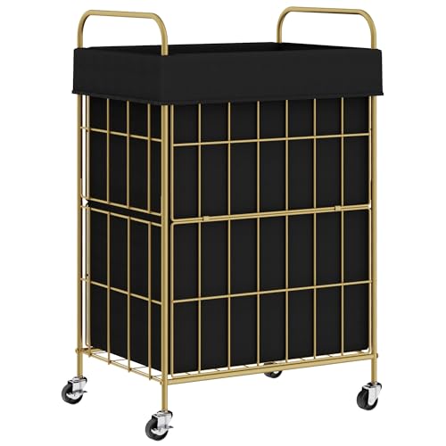 90L Laundry Hamper with Wheels, Laundry Basket with Handle and Liner Bag | Lockable Casters; Reinforced Frame; Breathable Fabric; Space-Efficient Design - color: Golden+Black, size: 90L-1 Section