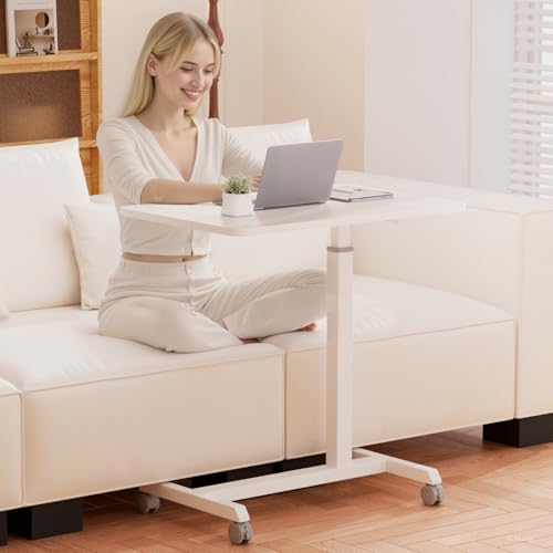 GTPLAYER Small Standing Desk, 24 Inches Foldable Mobile Rolling Laptop PC Table with Lockable Casters, Adjustable Height Overbed Bedside Table Computer Workstation for Home Office, White-Foldable - color: White-foldable