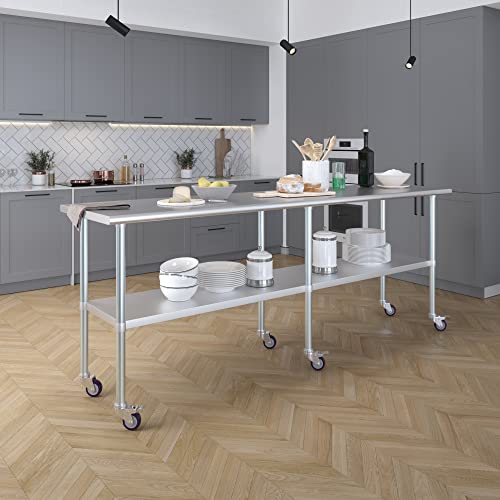 AmGood 96" Long x 24" Deep Stainless Steel Table with Casters - size: 96" Long x 24" Deep