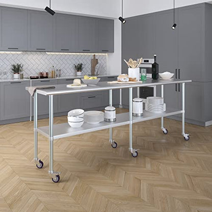 AmGood 96" Long x 24" Deep Stainless Steel Table with Casters - size: 96" Long x 24" Deep